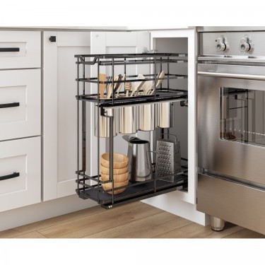 STORAGE WITH STYLE ® 8" "No Wiggle" Utensil Bin Base Cabinet Pullout Built on Premium Soft-close Slides. Black Nickel Finish